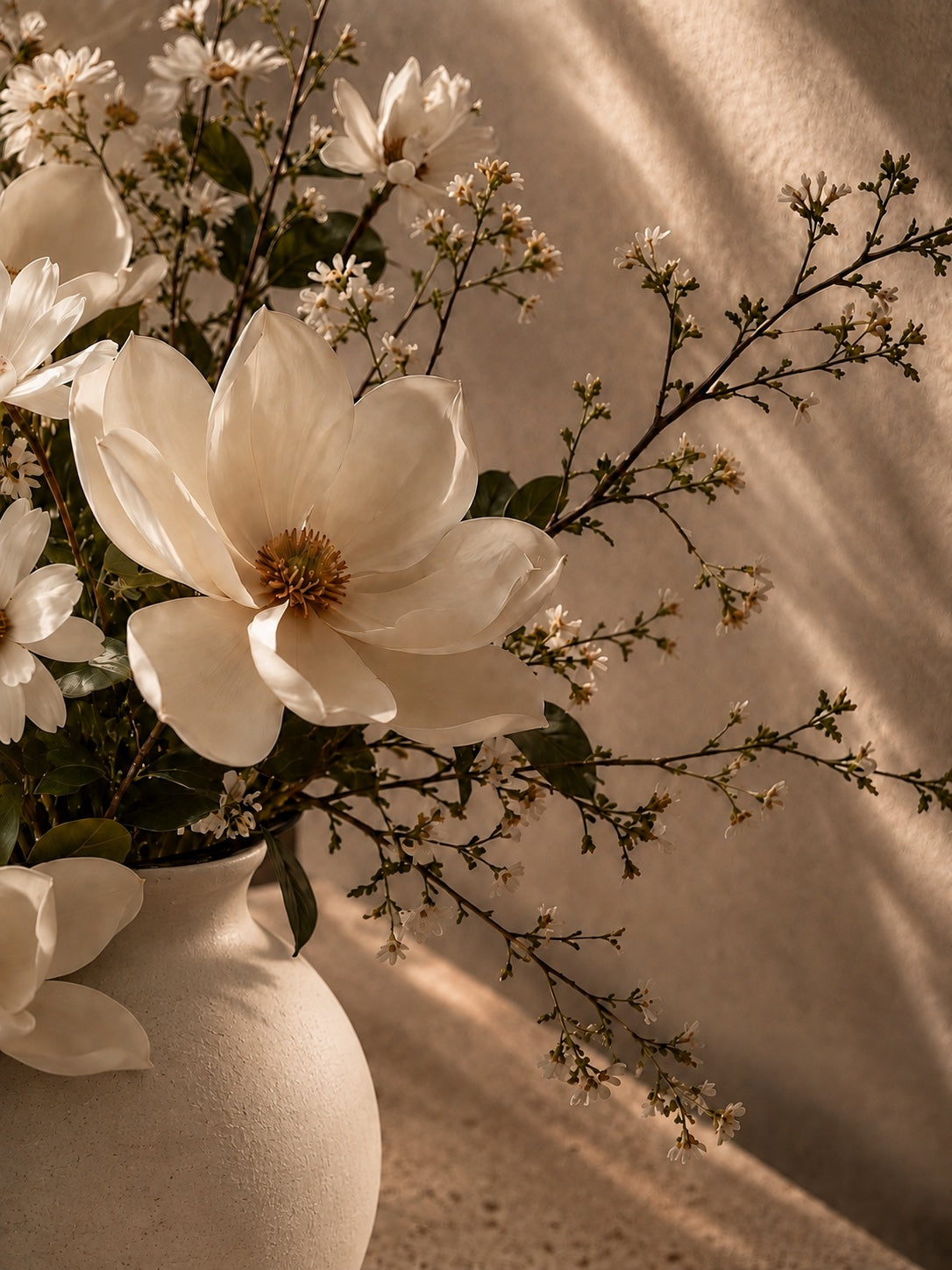 Close view of ivory petals, fine branches and the textured shoulder of a warm-white ceramic vase