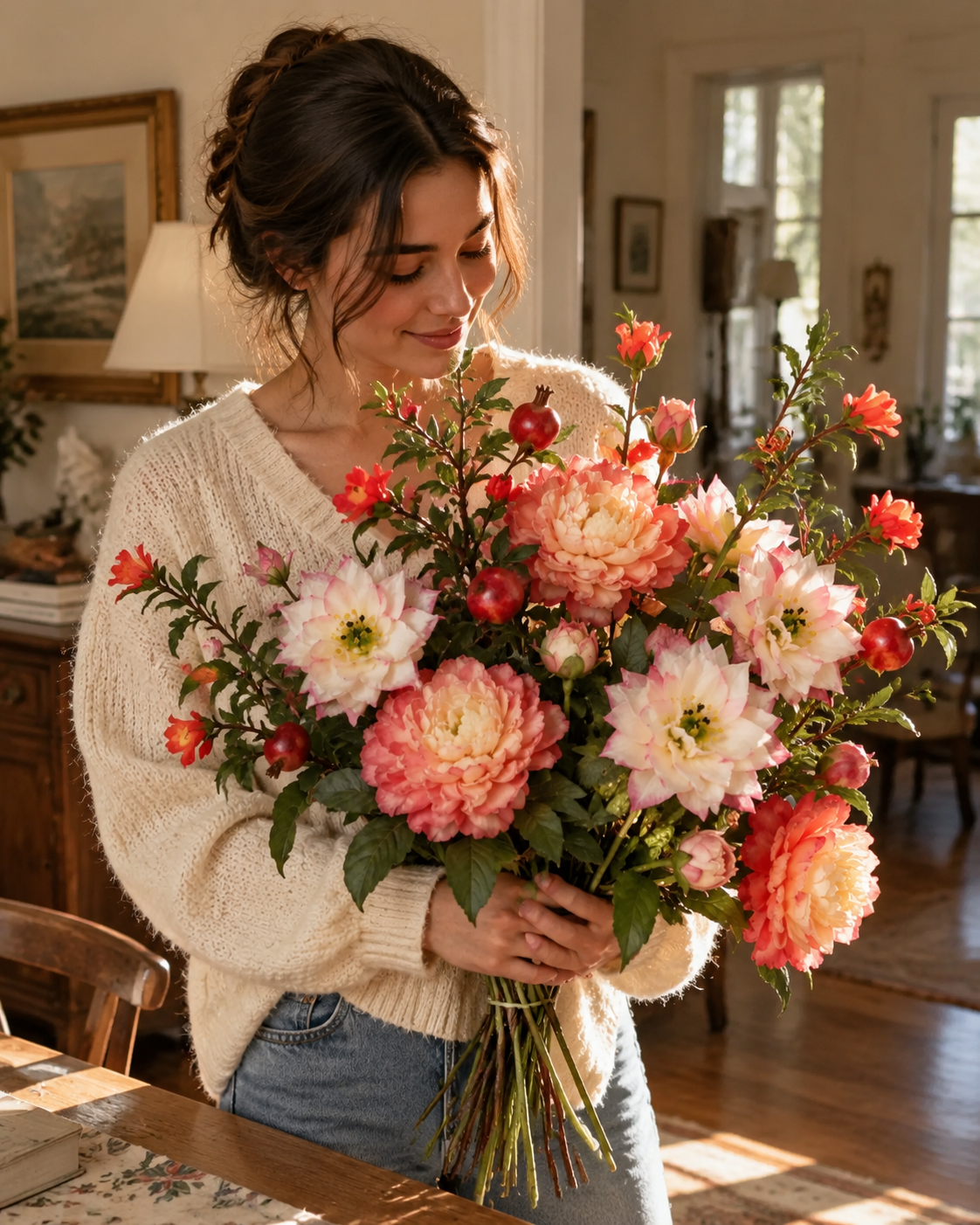Coral Peony & Pomegranate Autumn Faux Flower Bundle