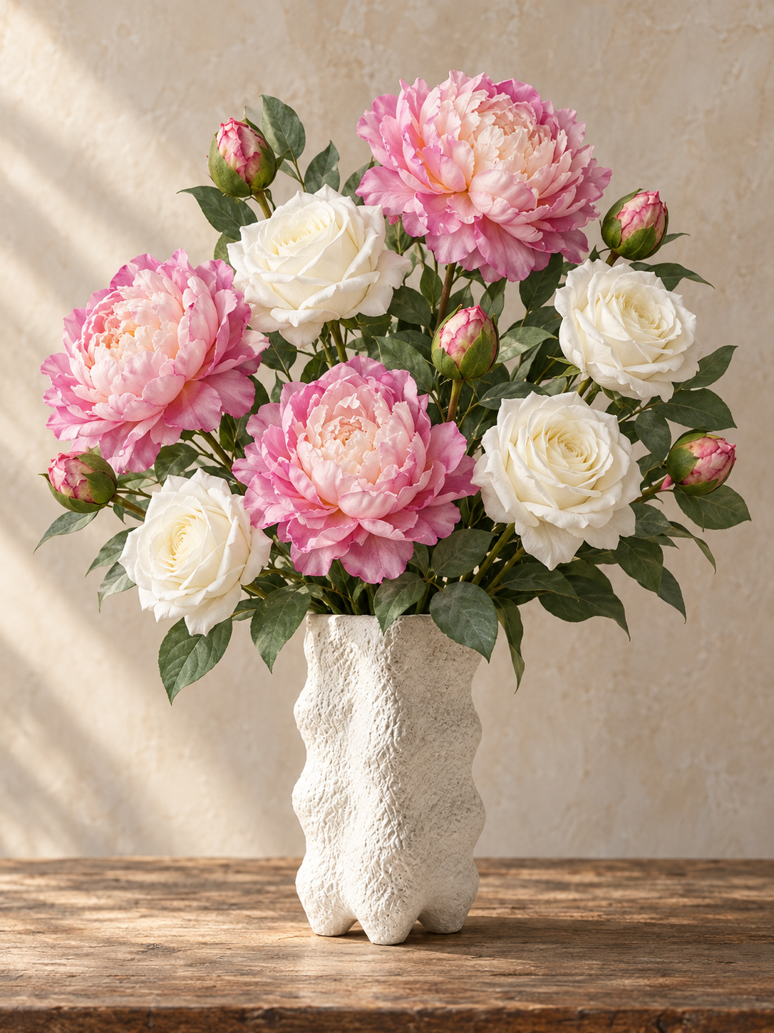 White Juliet Rose & Vintage Purple Peony Faux Flower Bundle – 9 Stems