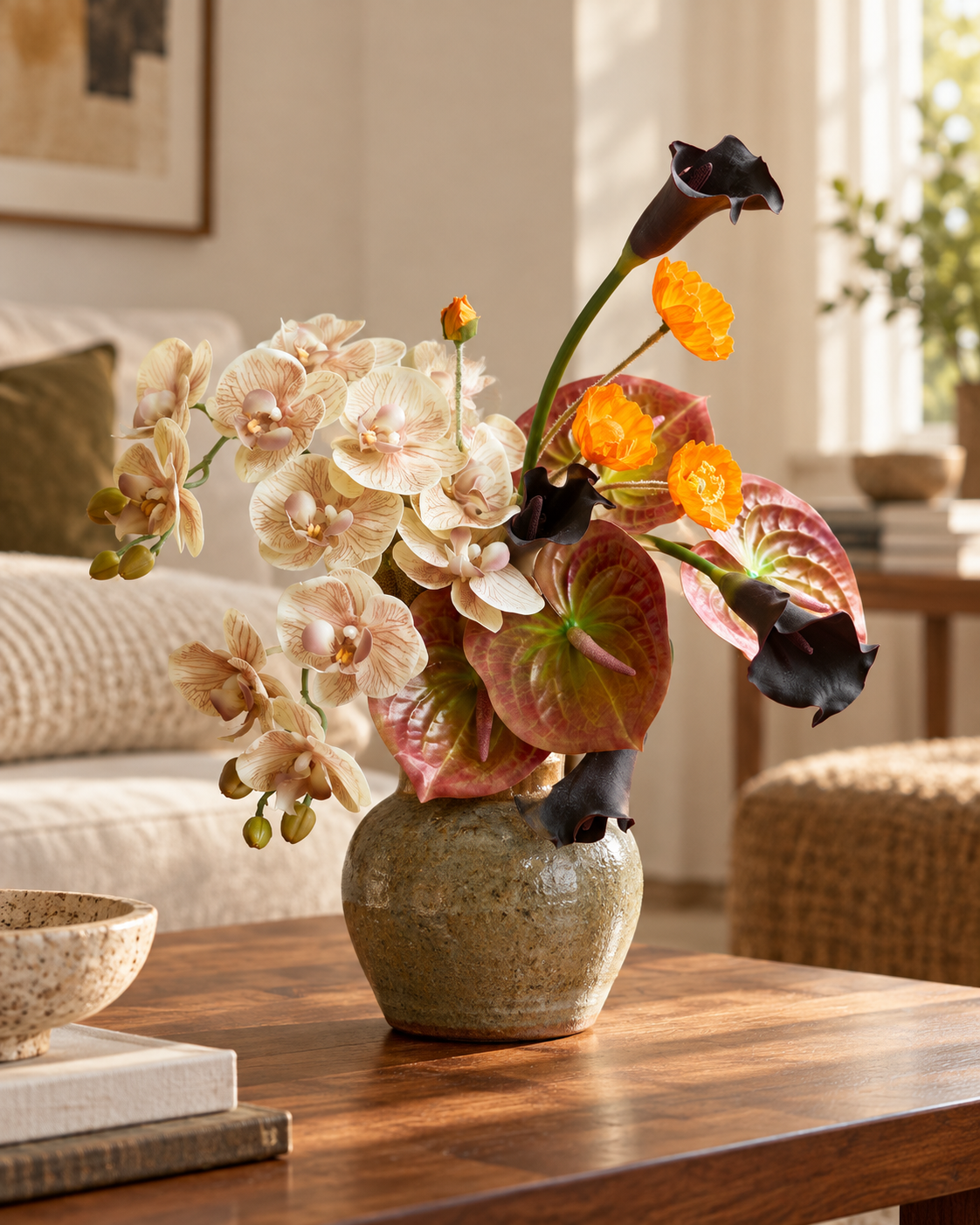 Vintage Champagne Orchid & Anthurium Faux Floral Arrangement