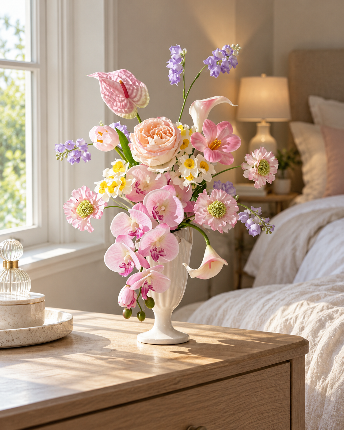 Pastel Garden Rose & Orchid Faux Floral Arrangement