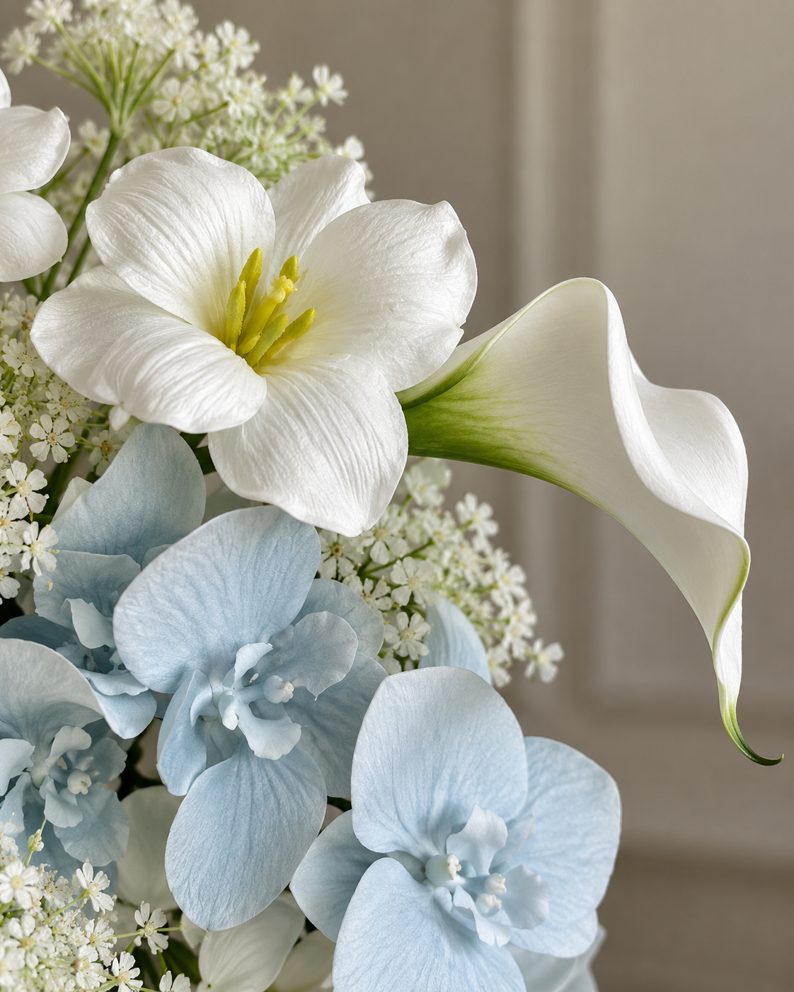 Soft Blue Orchid & White Tulip Faux Floral Arrangement