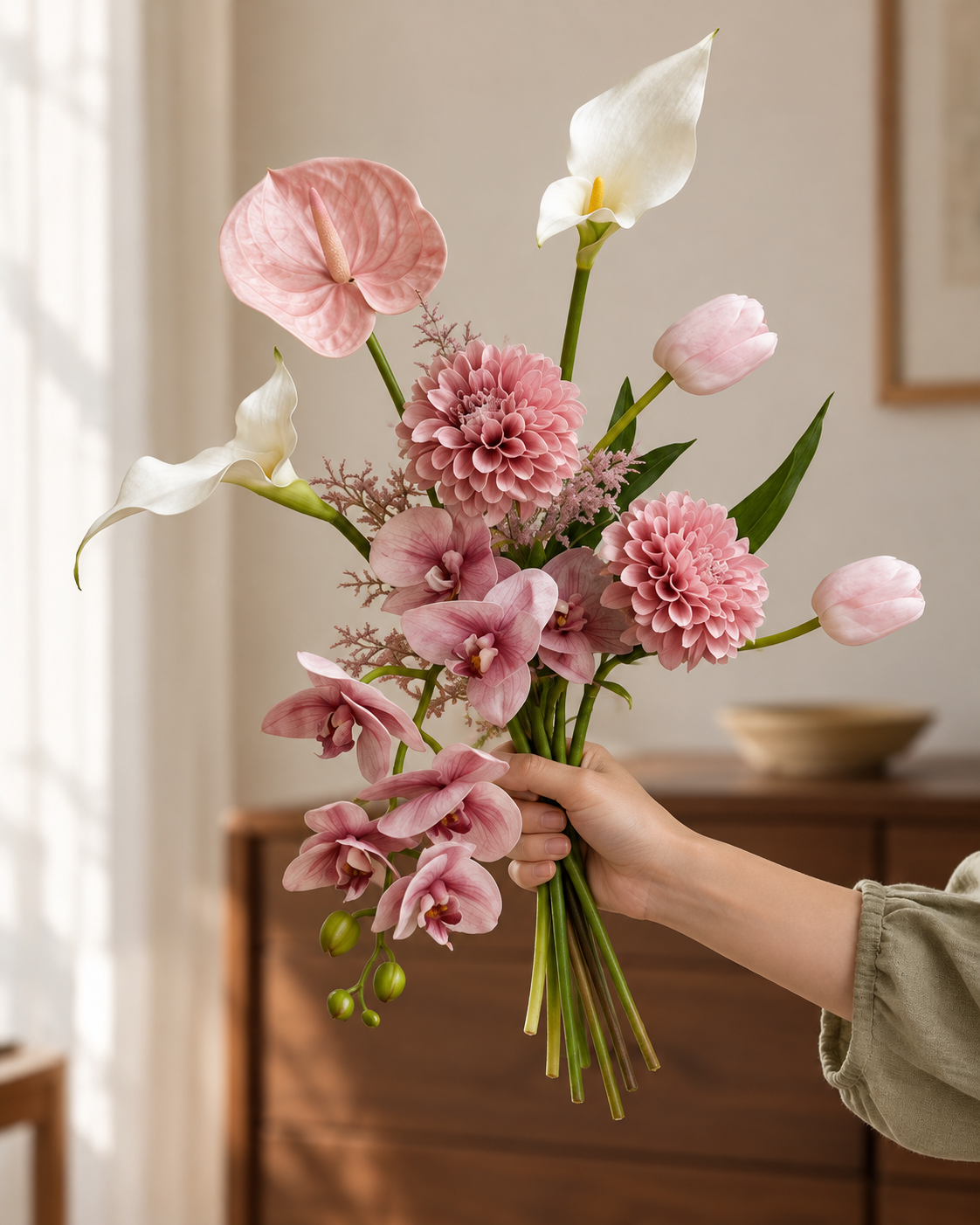 Dusty Blush Dahlia & Orchid Faux Floral Arrangement