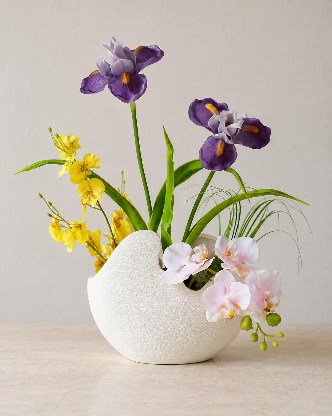 Purple Iris & Golden Dancing Orchid Faux Floral Arrangement