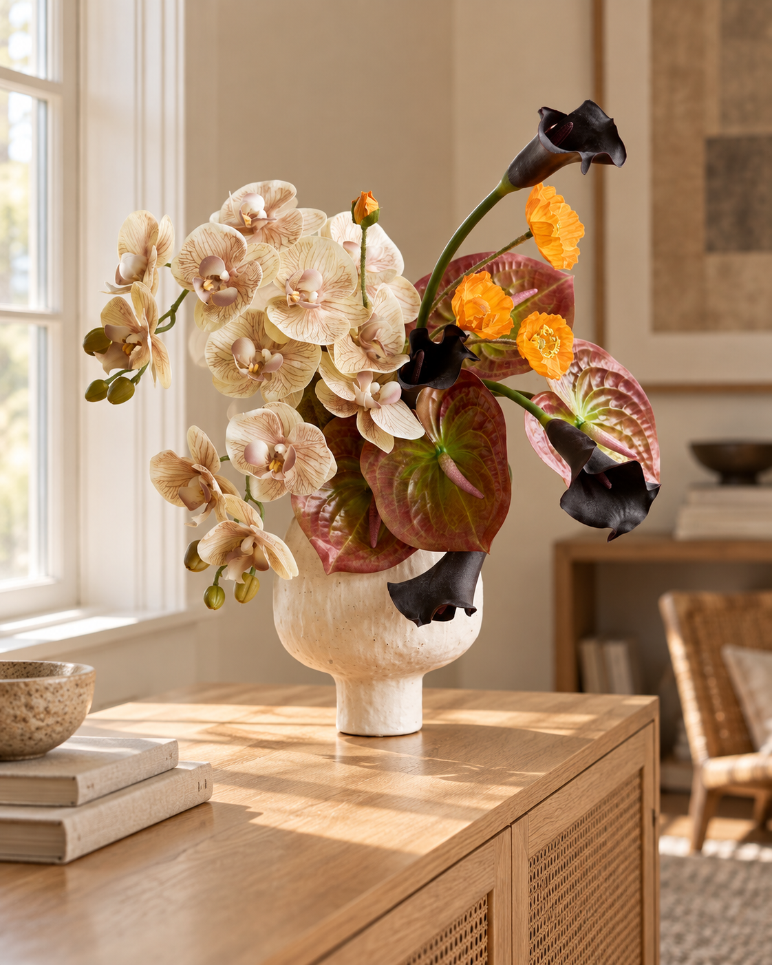 Vintage Champagne Orchid & Anthurium Faux Floral Arrangement