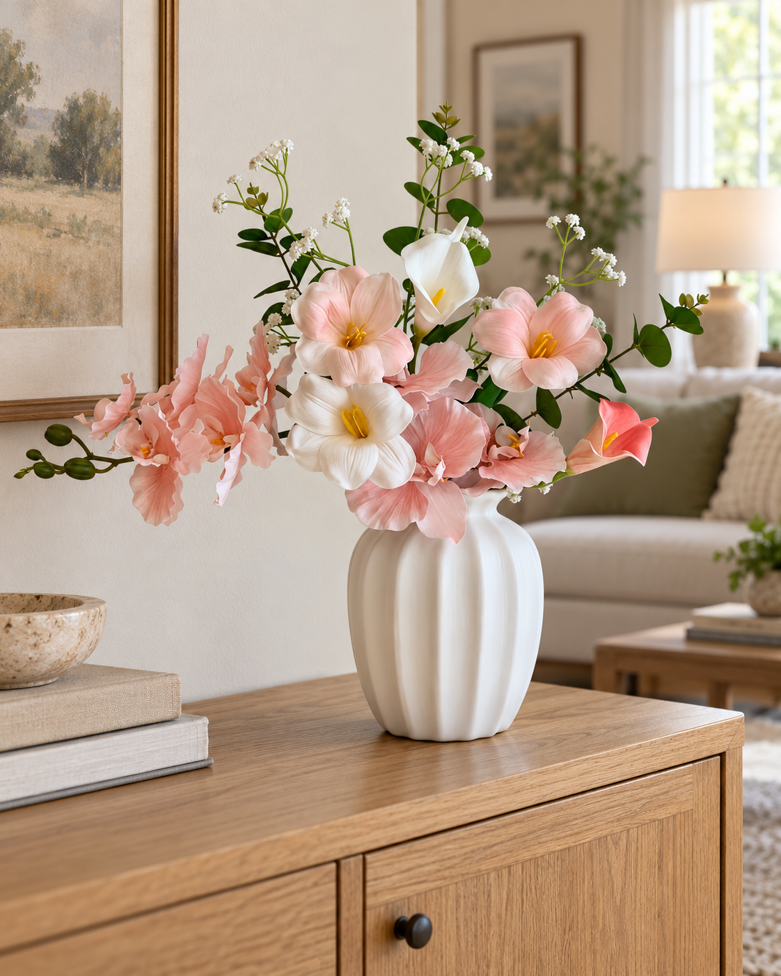 Blush & Ivory Orchid and Tulip Faux Floral Arrangement