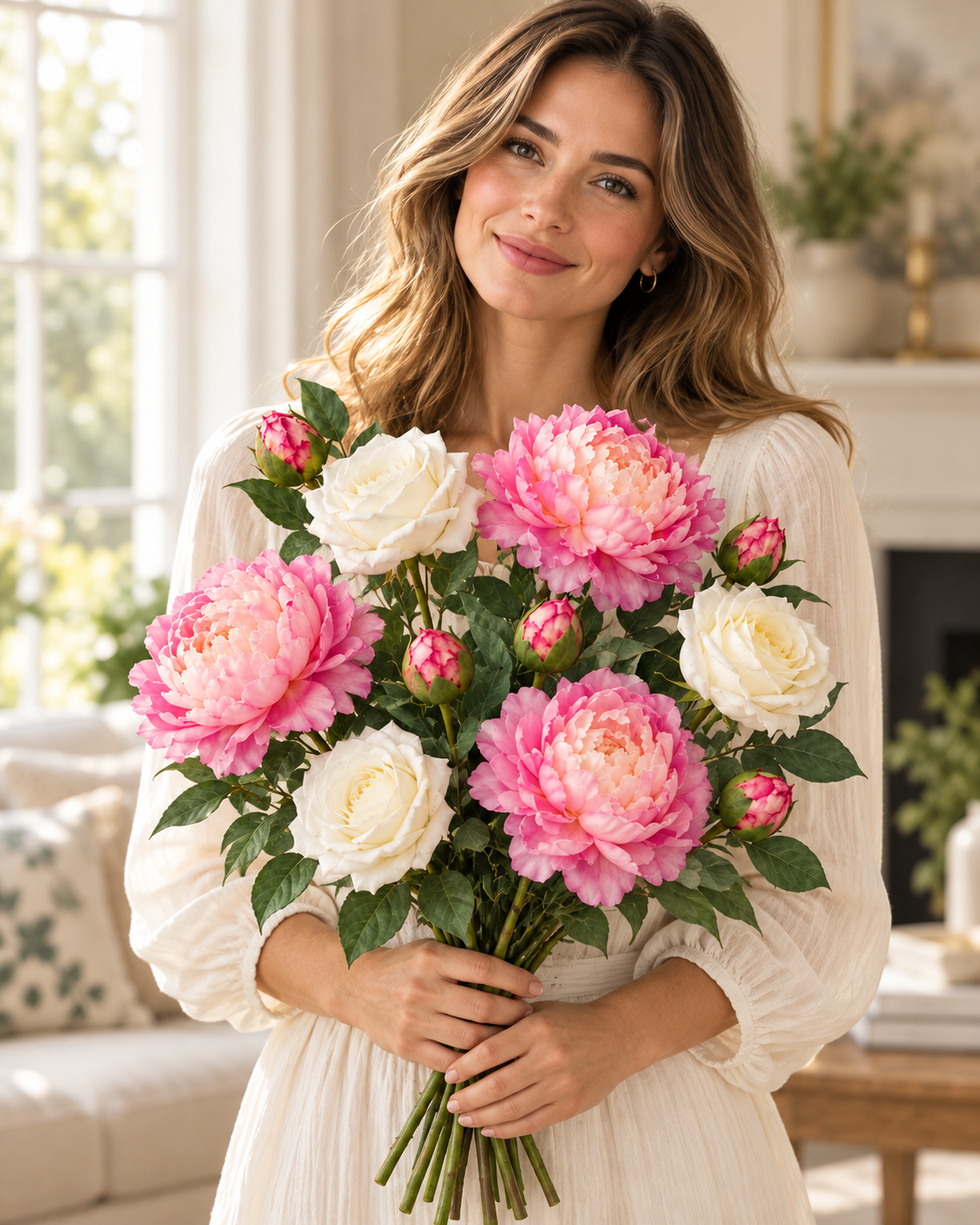 White Juliet Rose & Vintage Purple Peony Faux Flower Bundle – 9 Stems