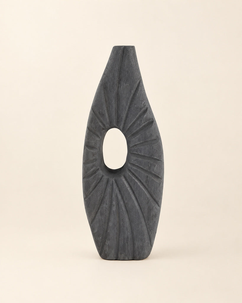 Charcoal Black Hollow-Center Handcrafted Wood Vase - 13.8"