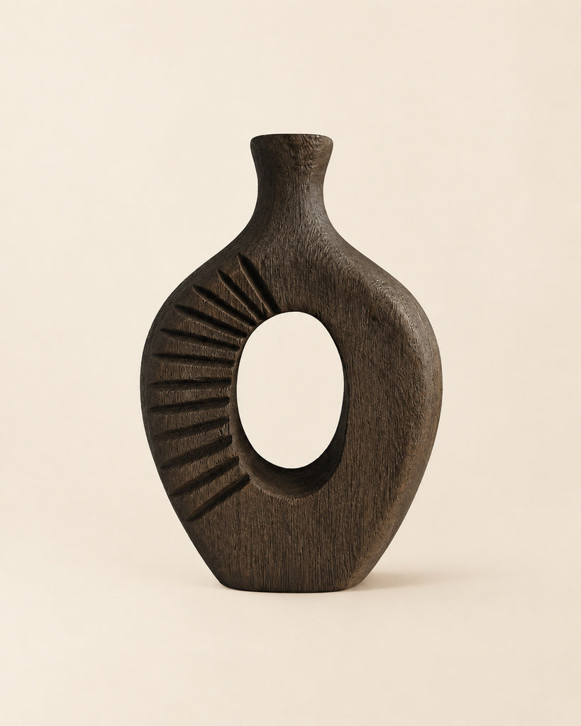 Dark Brown Hollow-Center Handcrafted Wood Vase - 11.4"