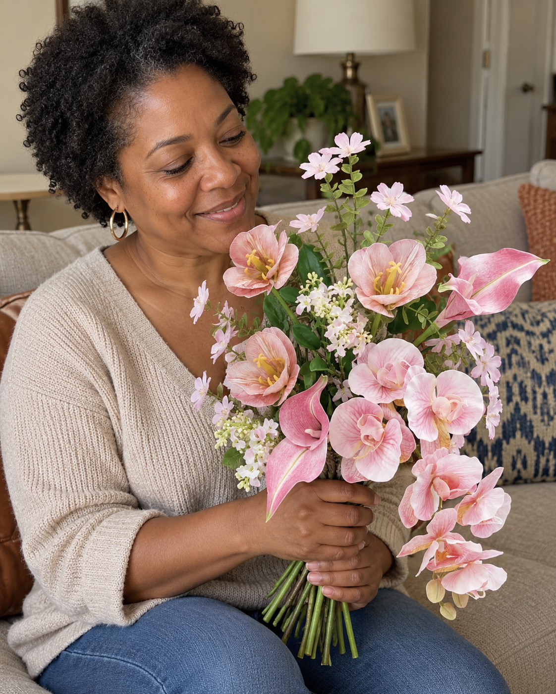 Spring Whispers Blush Pink Orchid & Tulip Faux Floral Bouquet