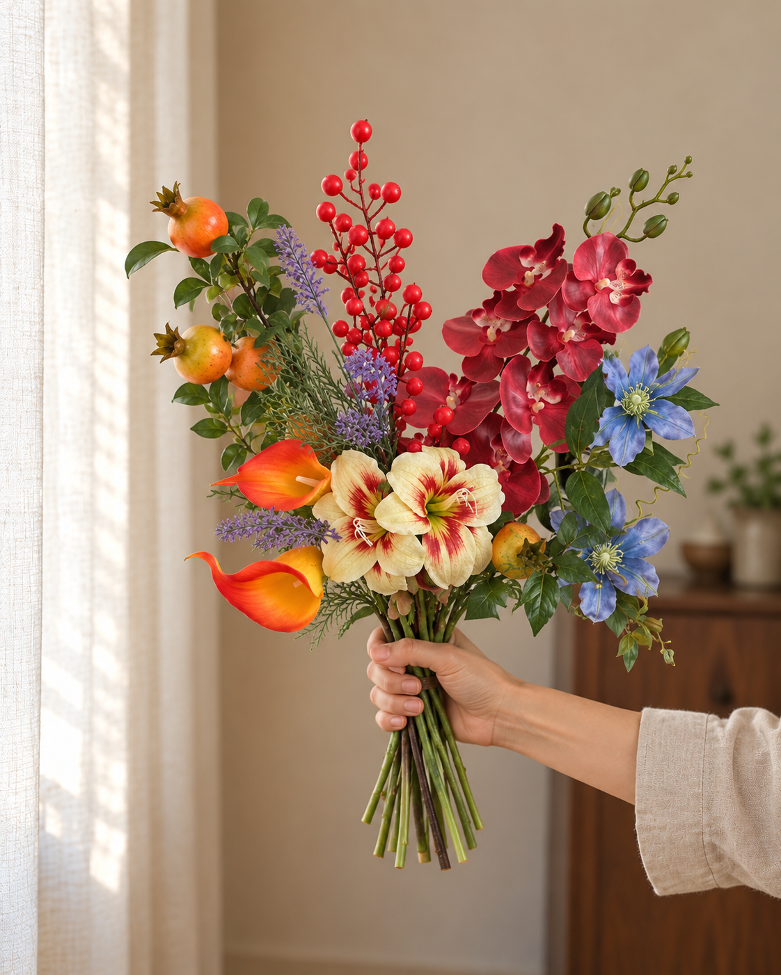 Jewel-Toned Orchid & Pomegranate Faux Floral Arrangement