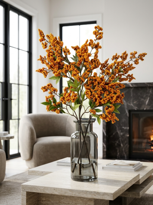 Golden Orange Plastic and Fabric Nandina Berry Branch - 110 cm
