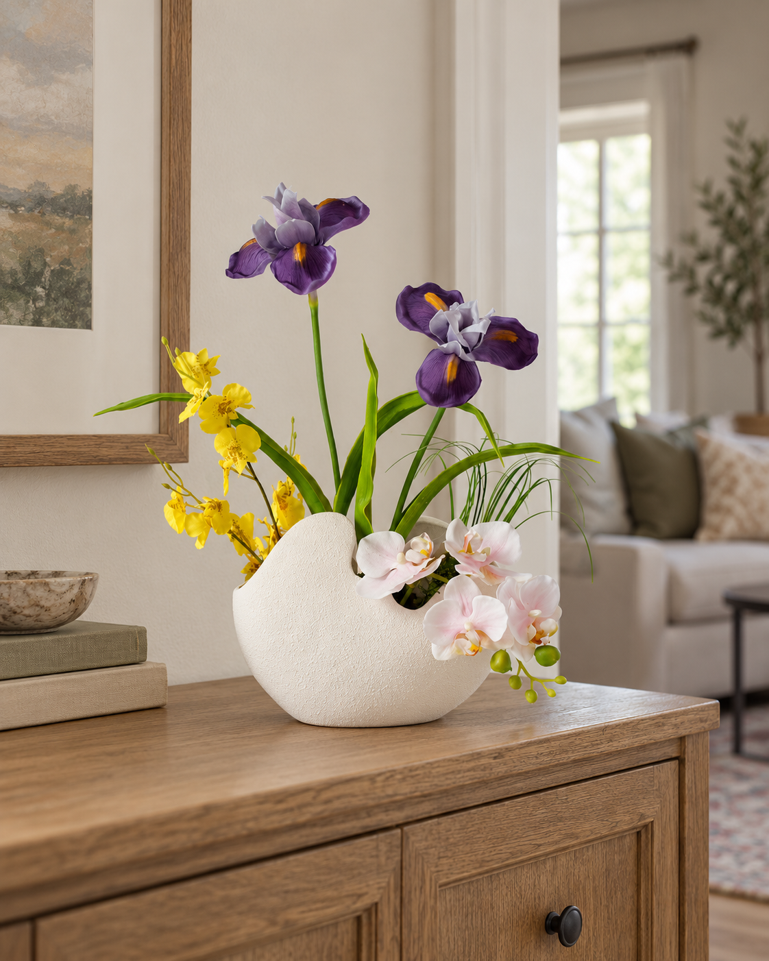 Purple Iris & Golden Dancing Orchid Faux Floral Arrangement