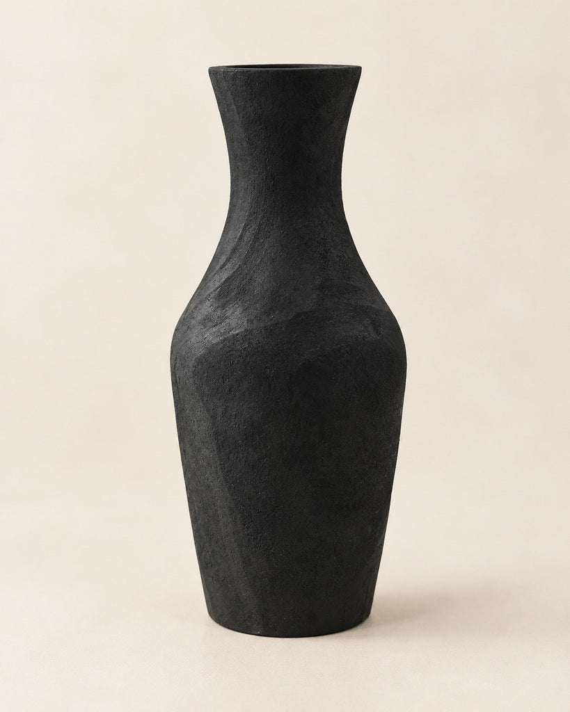 Black Sculptural Flared-Neck Wood Vase - 13.8"
