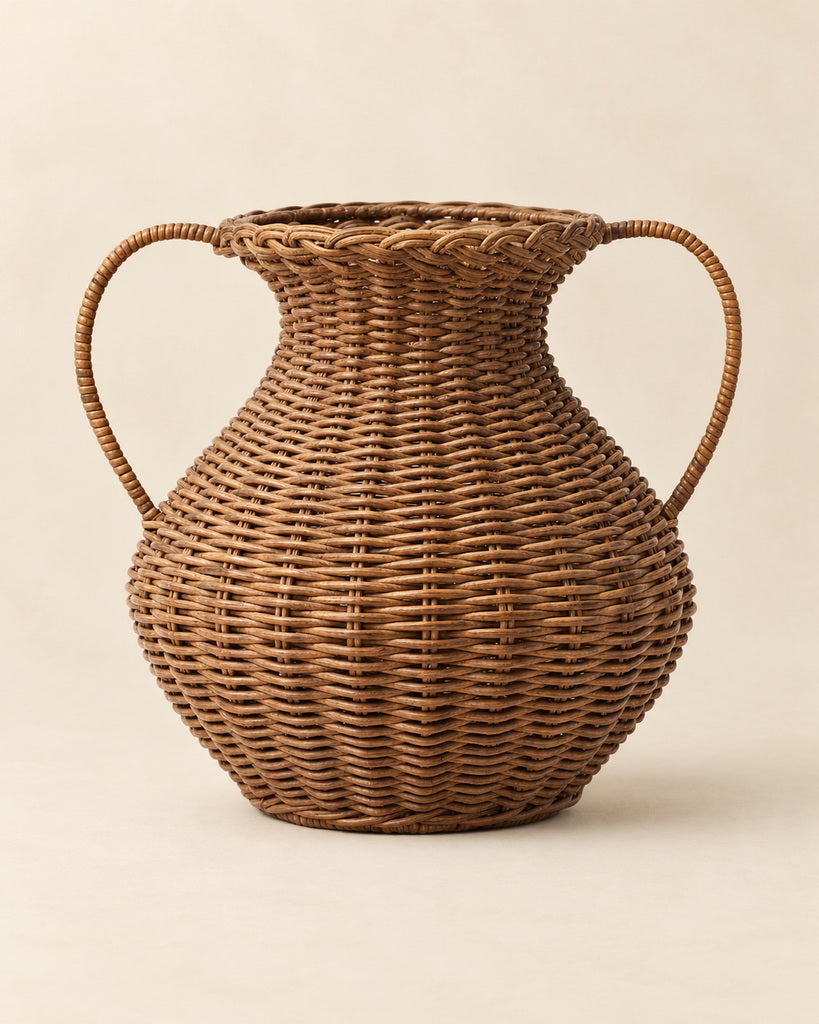 Natural Brown Handwoven Rattan Double-Handle Vase - 11.8"