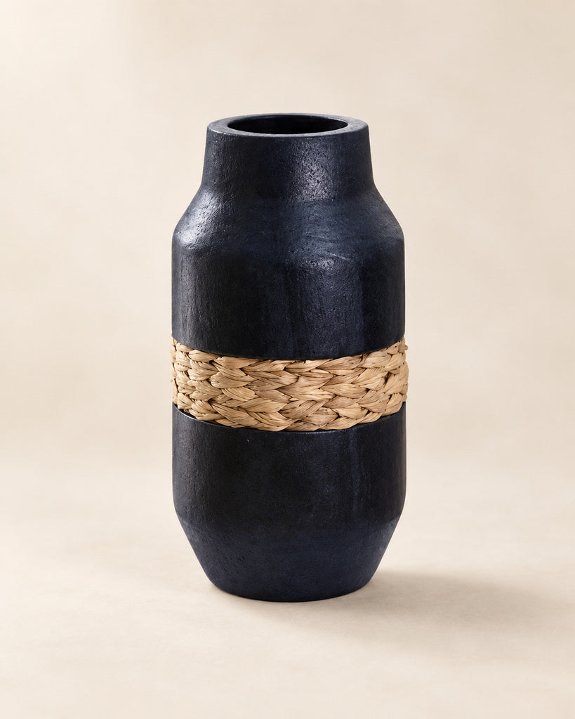 Ink Black Woven-Band Handcrafted Wood Vase - 14.6"