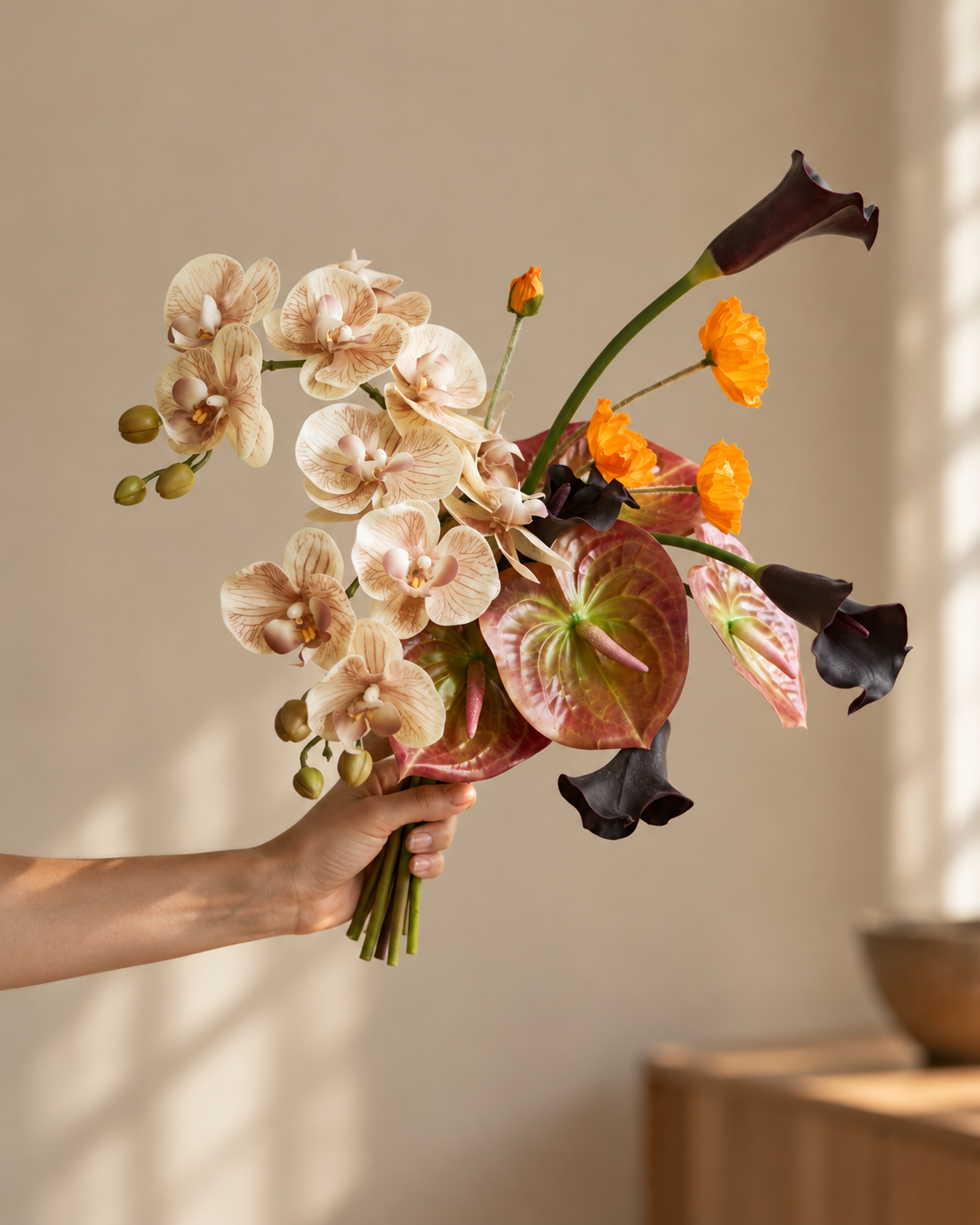 Vintage Champagne Orchid & Anthurium Faux Floral Arrangement