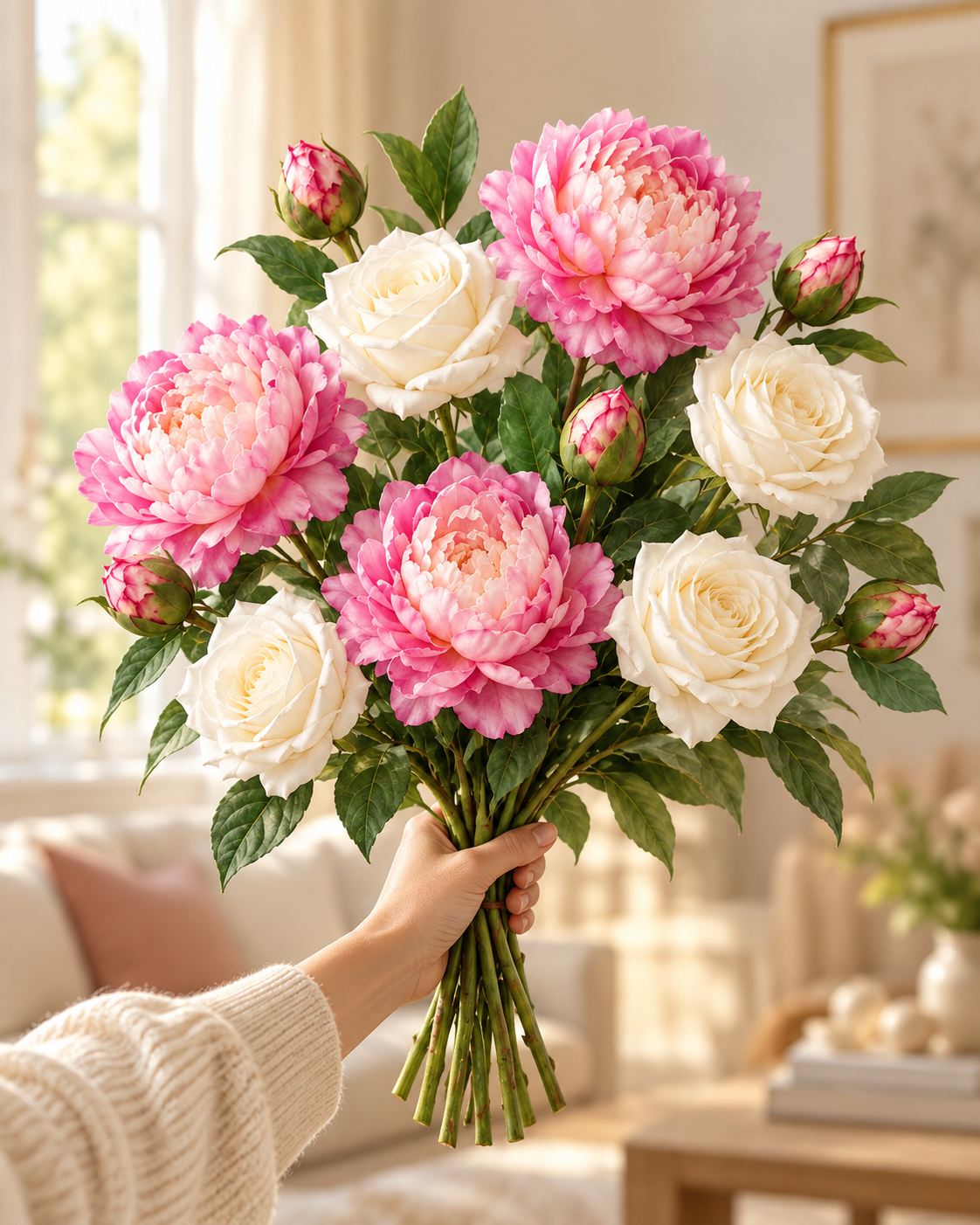 White Juliet Rose & Vintage Purple Peony Faux Flower Bundle – 9 Stems