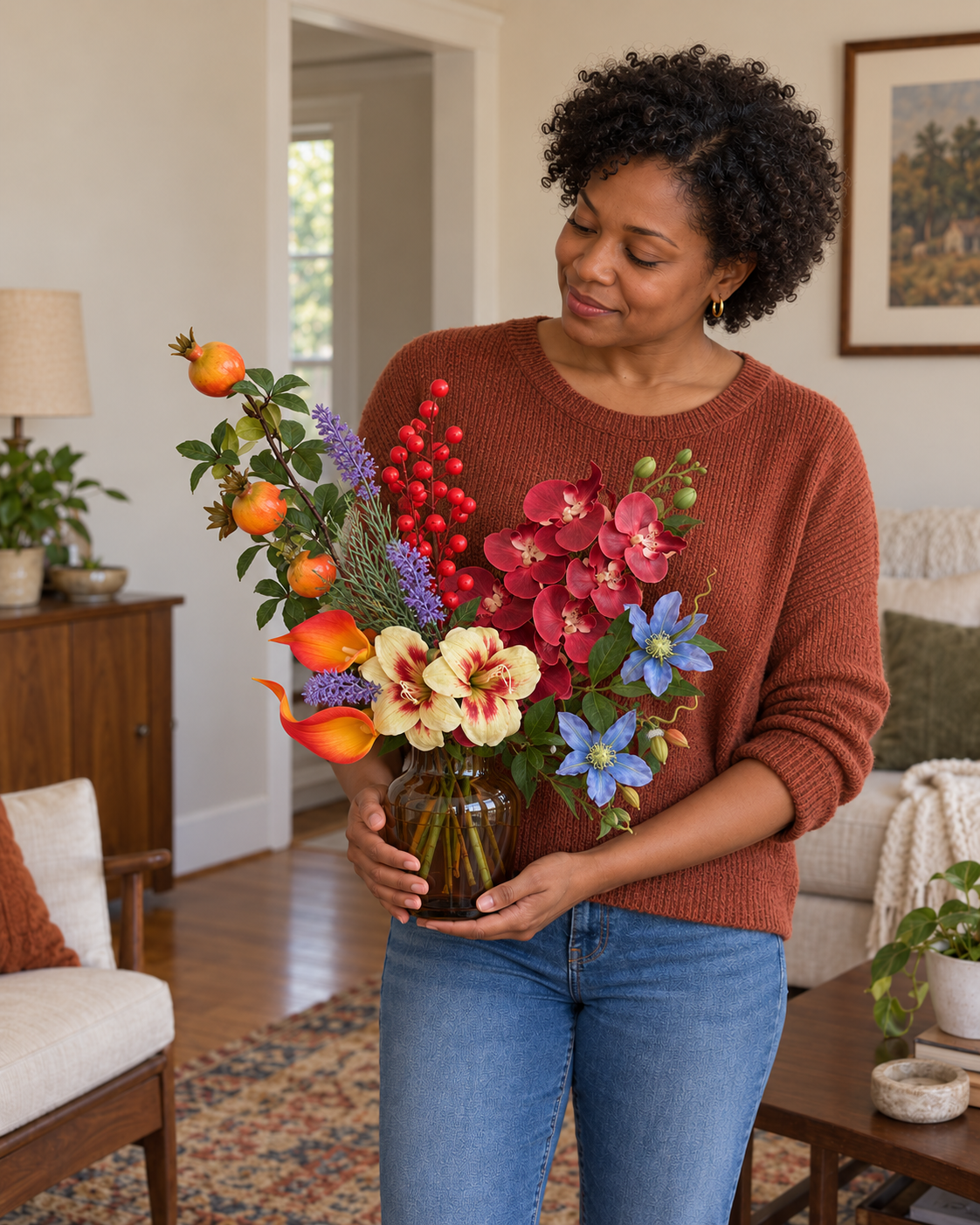 Jewel-Toned Orchid & Pomegranate Faux Floral Arrangement