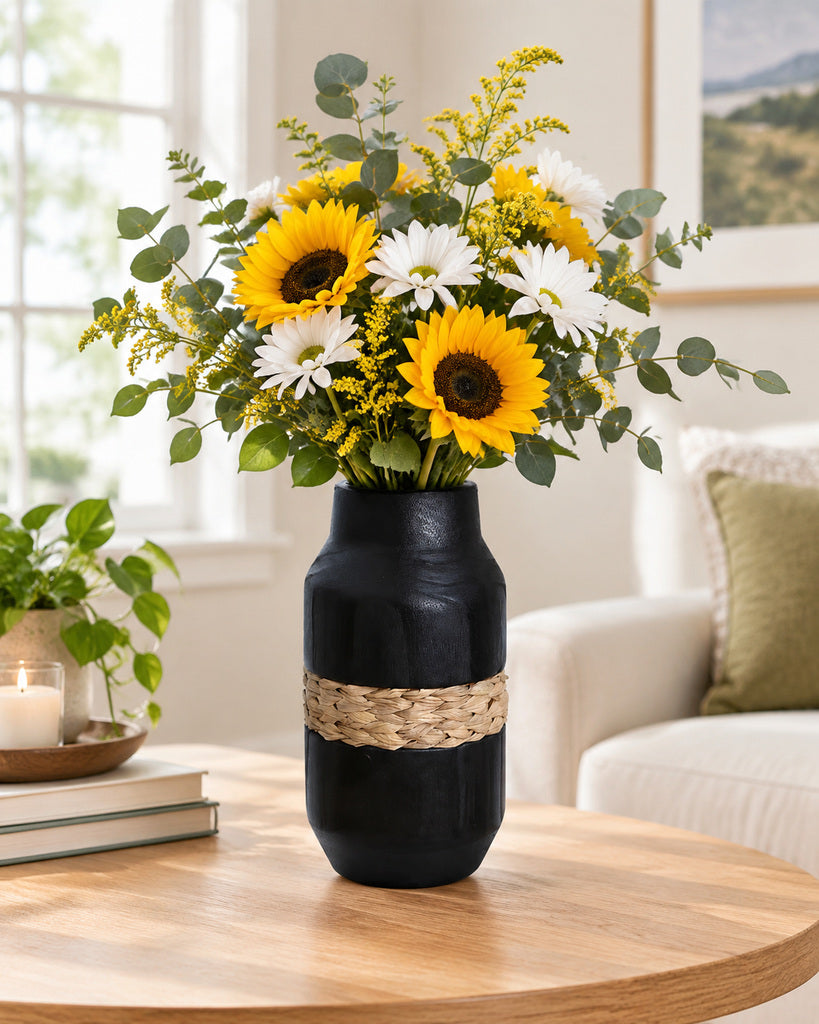 Ink Black Woven-Band Handcrafted Wood Vase - 14.6"