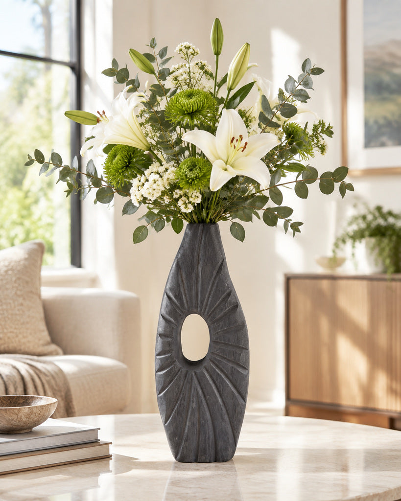Charcoal Black Hollow-Center Handcrafted Wood Vase - 13.8"