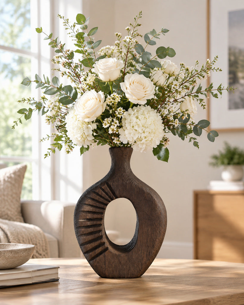 Dark Brown Hollow-Center Handcrafted Wood Vase - 11.4"