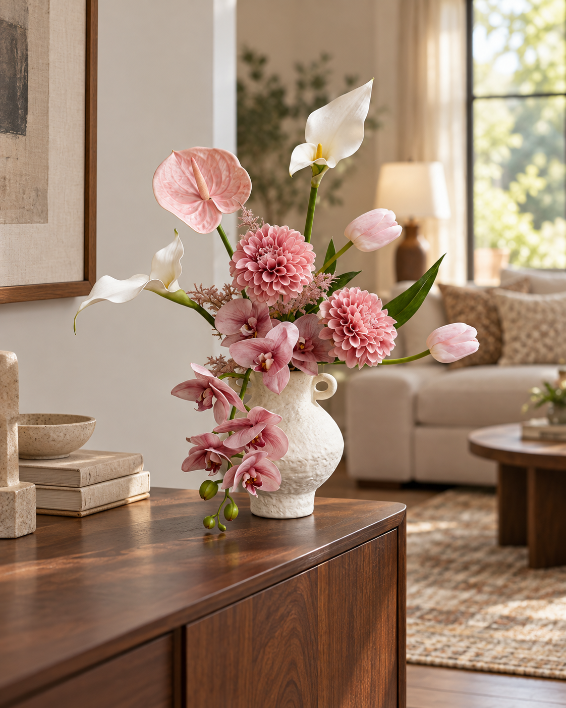 Dusty Blush Dahlia & Orchid Faux Floral Arrangement