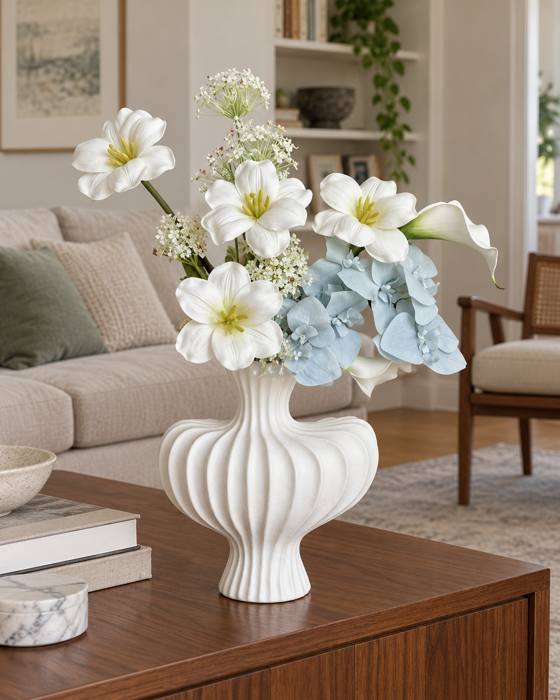 Soft Blue Orchid & White Tulip Faux Floral Arrangement