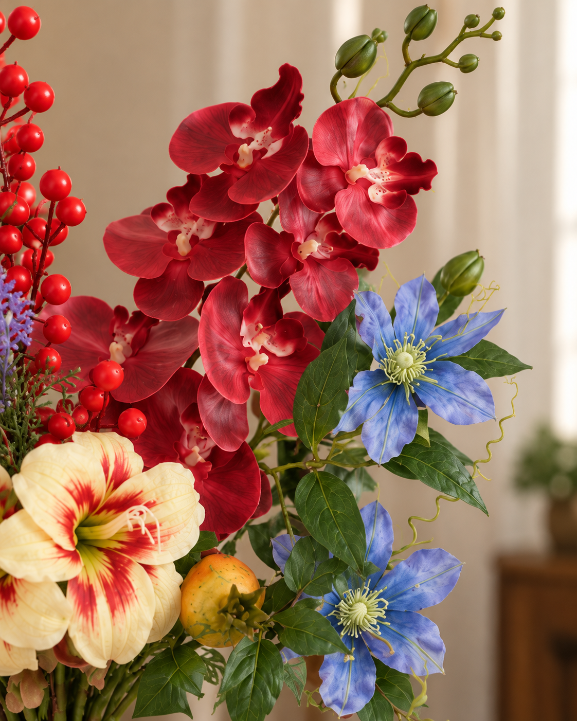 Jewel-Toned Orchid & Pomegranate Faux Floral Arrangement