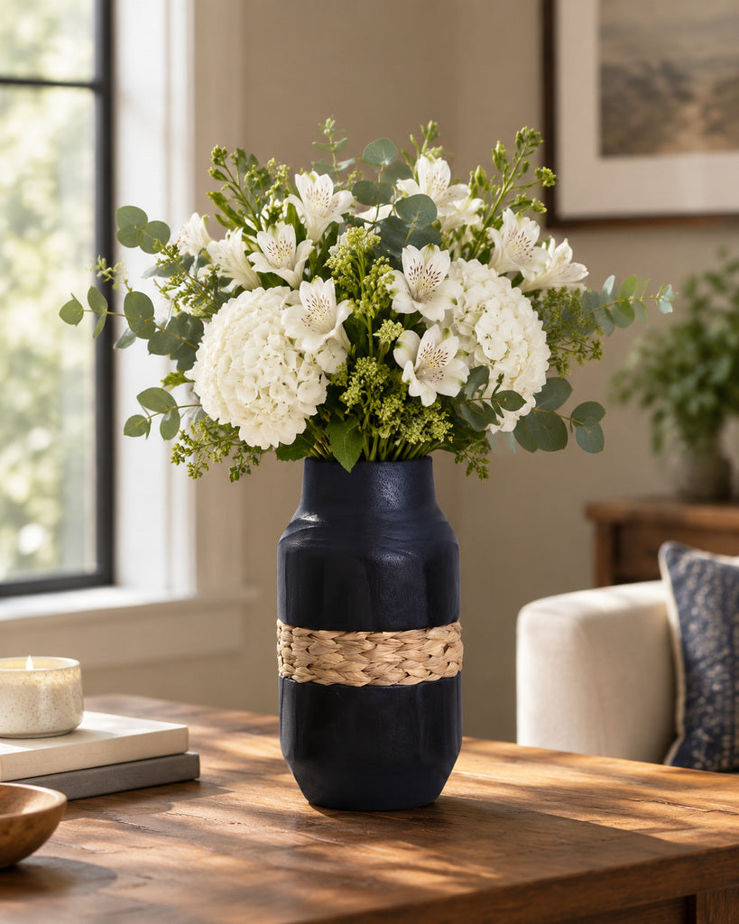 Ink Black Woven-Band Handcrafted Wood Vase - 14.6"