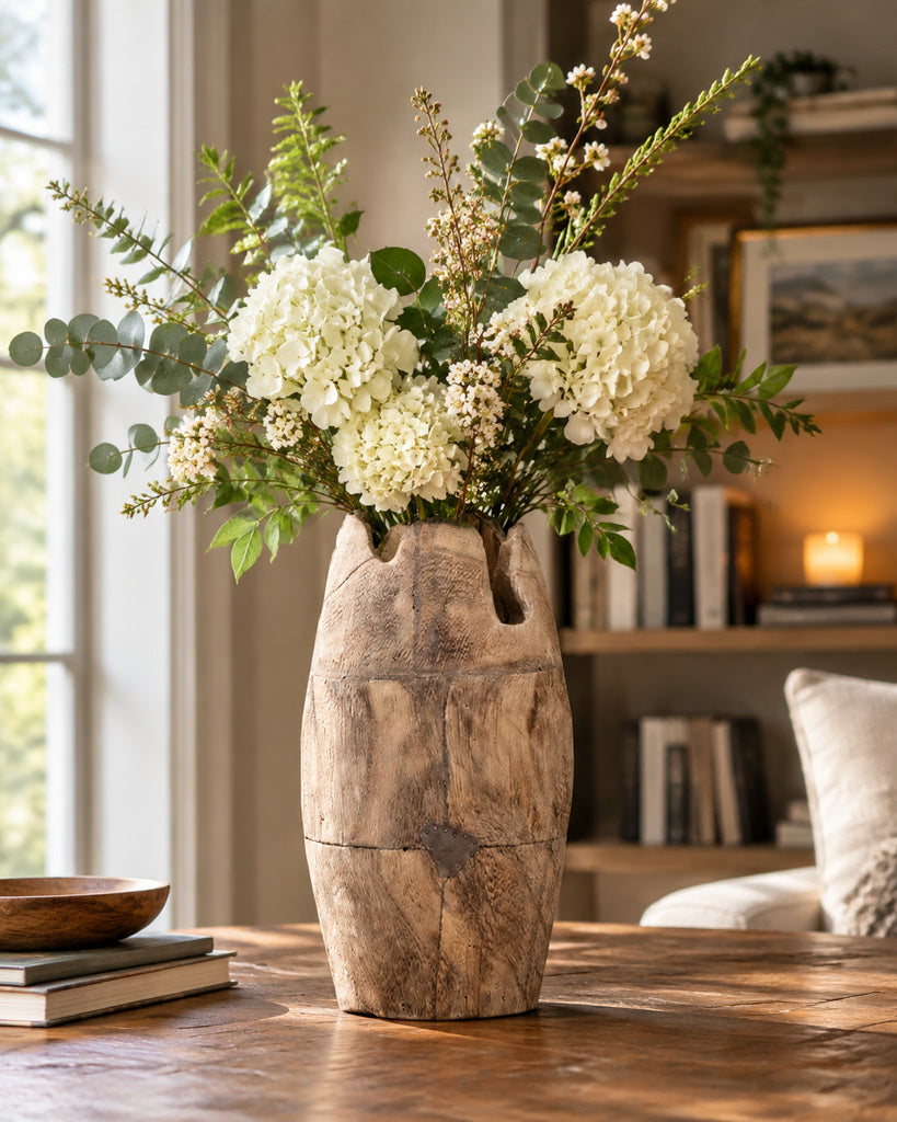 Natural Brown Irregular Rim Handcrafted Wood Vase with Glass Insert - 10.6"