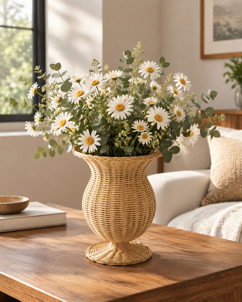 Natural Brown Handcrafted Rattan Pedestal Vase - 9.4"