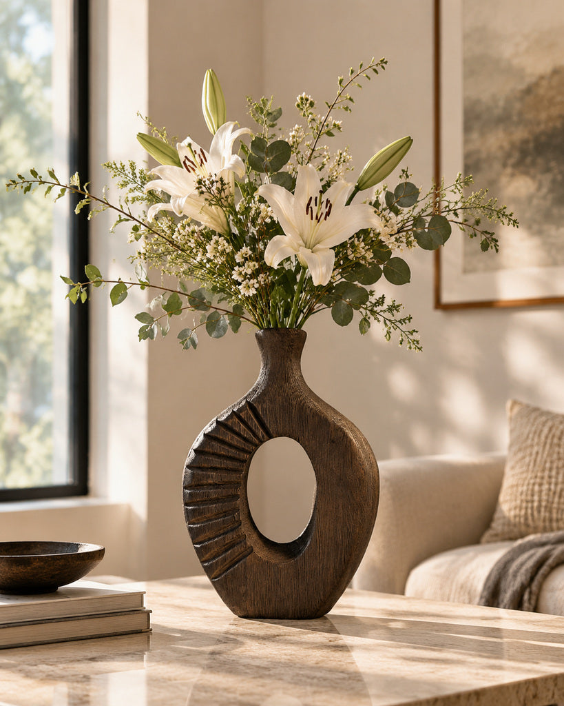 Dark Brown Hollow-Center Handcrafted Wood Vase - 11.4"