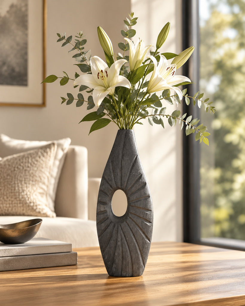 Charcoal Black Hollow-Center Handcrafted Wood Vase - 13.8"