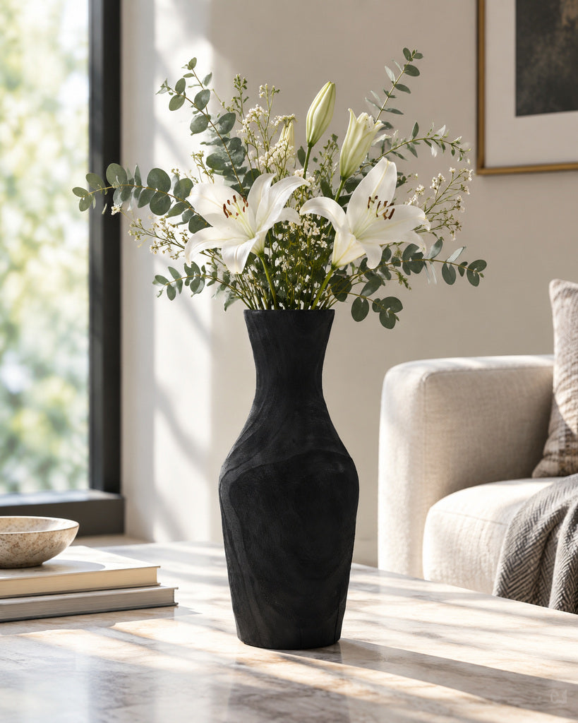 Black Sculptural Flared-Neck Wood Vase - 13.8"