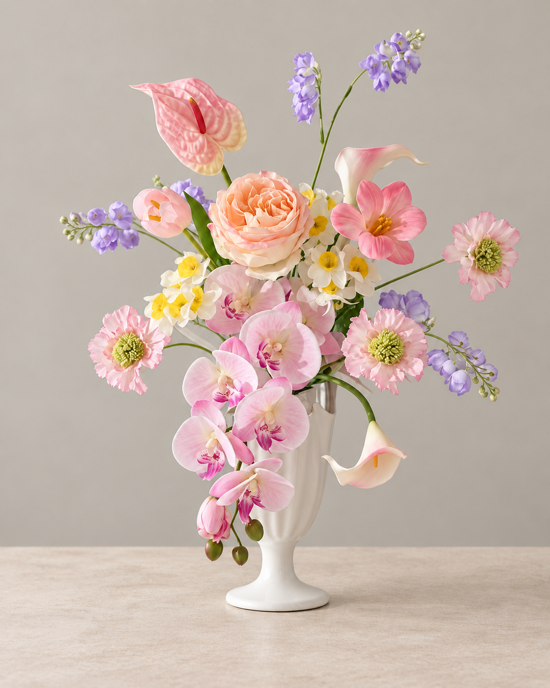 Pastel Garden Rose & Orchid Faux Floral Arrangement