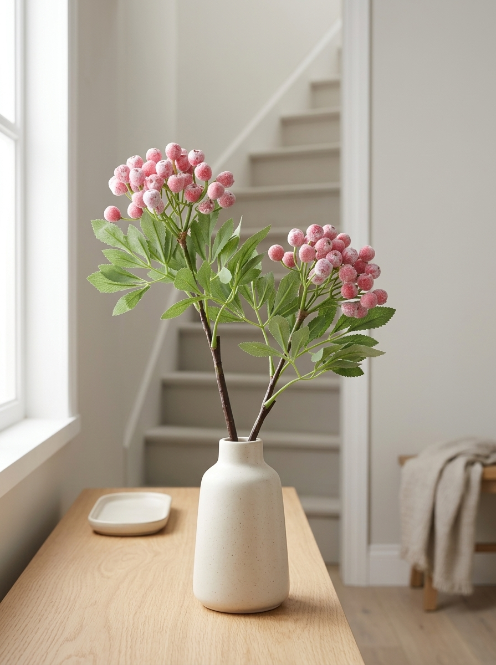Pink Artificial Berry Spray with Silk-Cloth Leaves - 36 cm