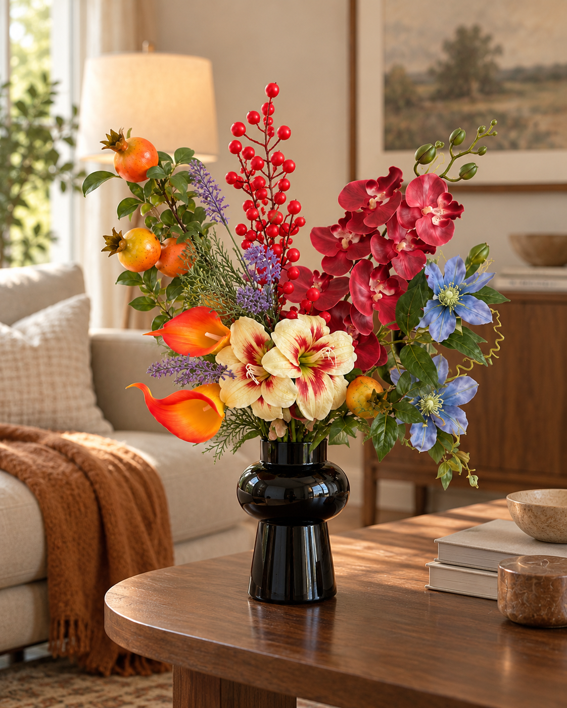 Jewel-Toned Orchid & Pomegranate Faux Floral Arrangement