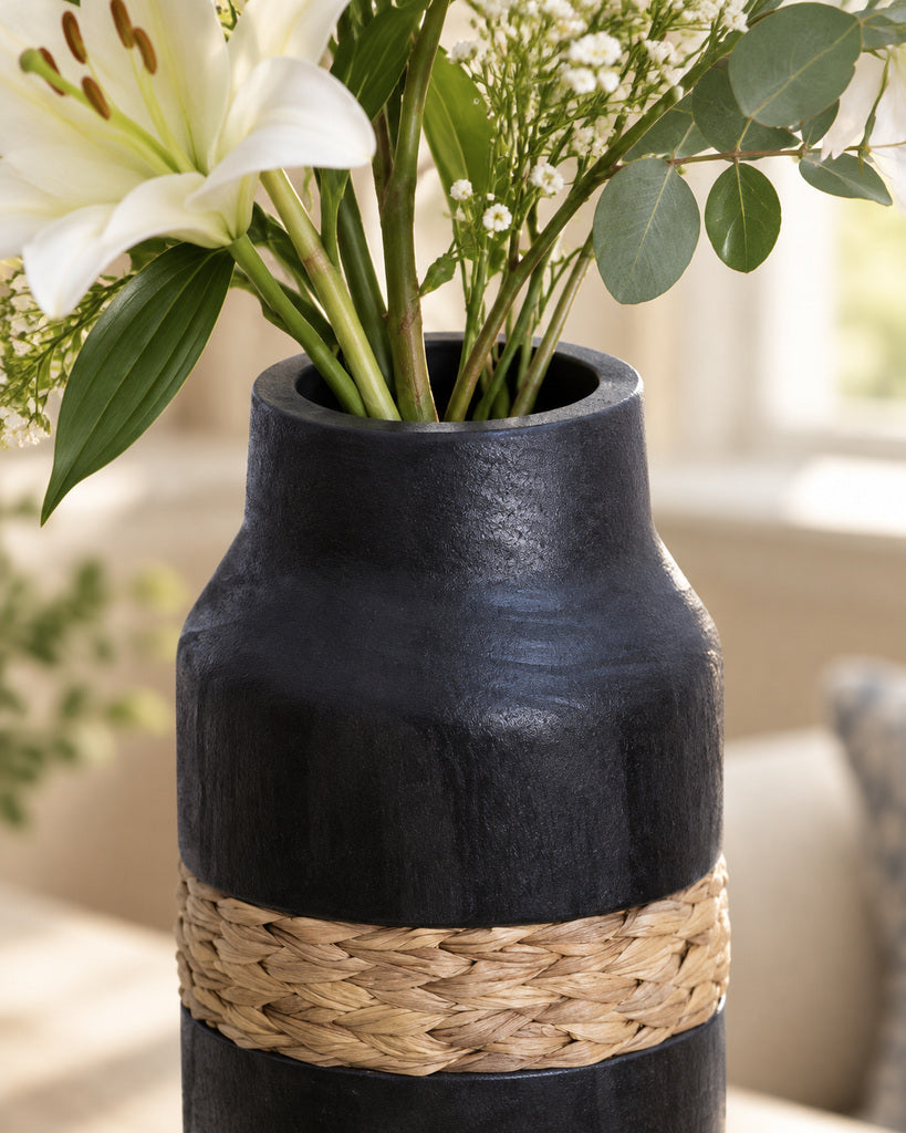 Ink Black Woven-Band Handcrafted Wood Vase - 14.6"