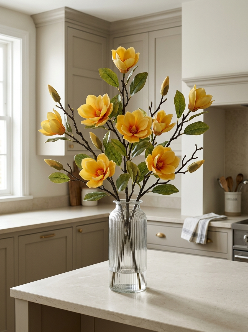 Golden Yellow Fabric Magnolia Branch - 56 cm