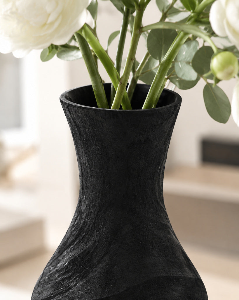 Black Sculptural Flared-Neck Wood Vase - 13.8"