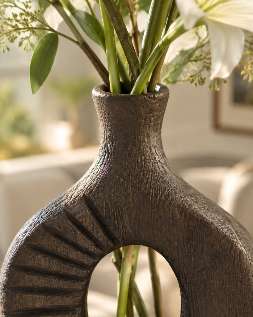 Dark Brown Hollow-Center Handcrafted Wood Vase - 11.4"