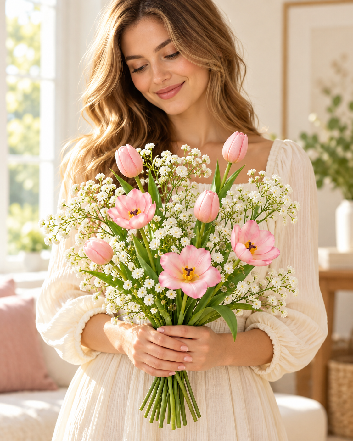 Pink Tulip & White Baby’s Breath Faux Flower Bundle – 12 Stems