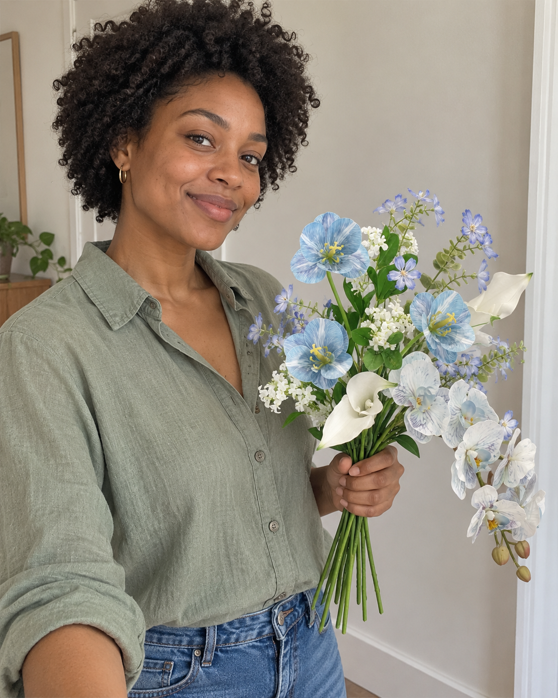 Spring Whispers Sky Blue Orchid & Tulip Faux Floral Bouquet