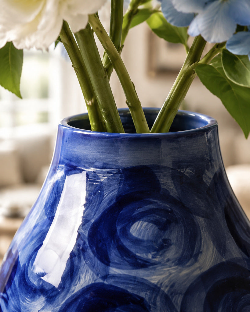 Blue & White Circular Brushstroke Wide-Bodied Vase - 10.6"