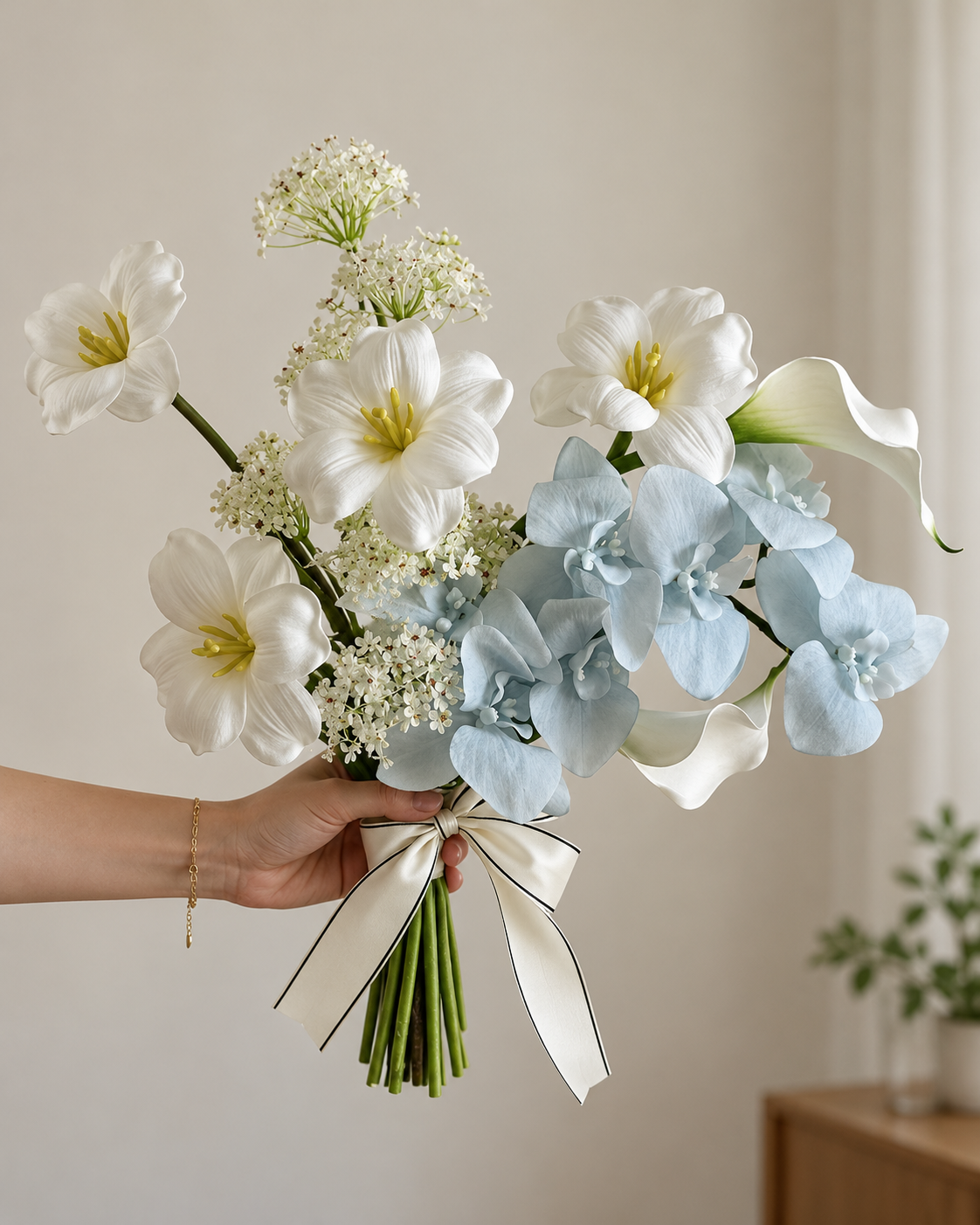 Soft Blue Orchid & White Tulip Faux Floral Arrangement
