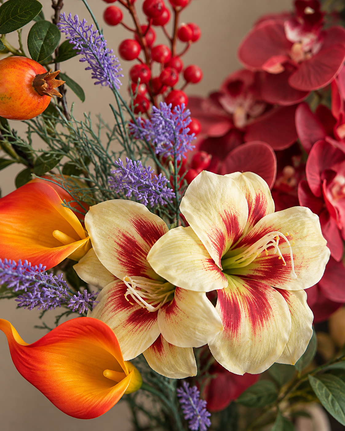 Jewel-Toned Orchid & Pomegranate Faux Floral Arrangement