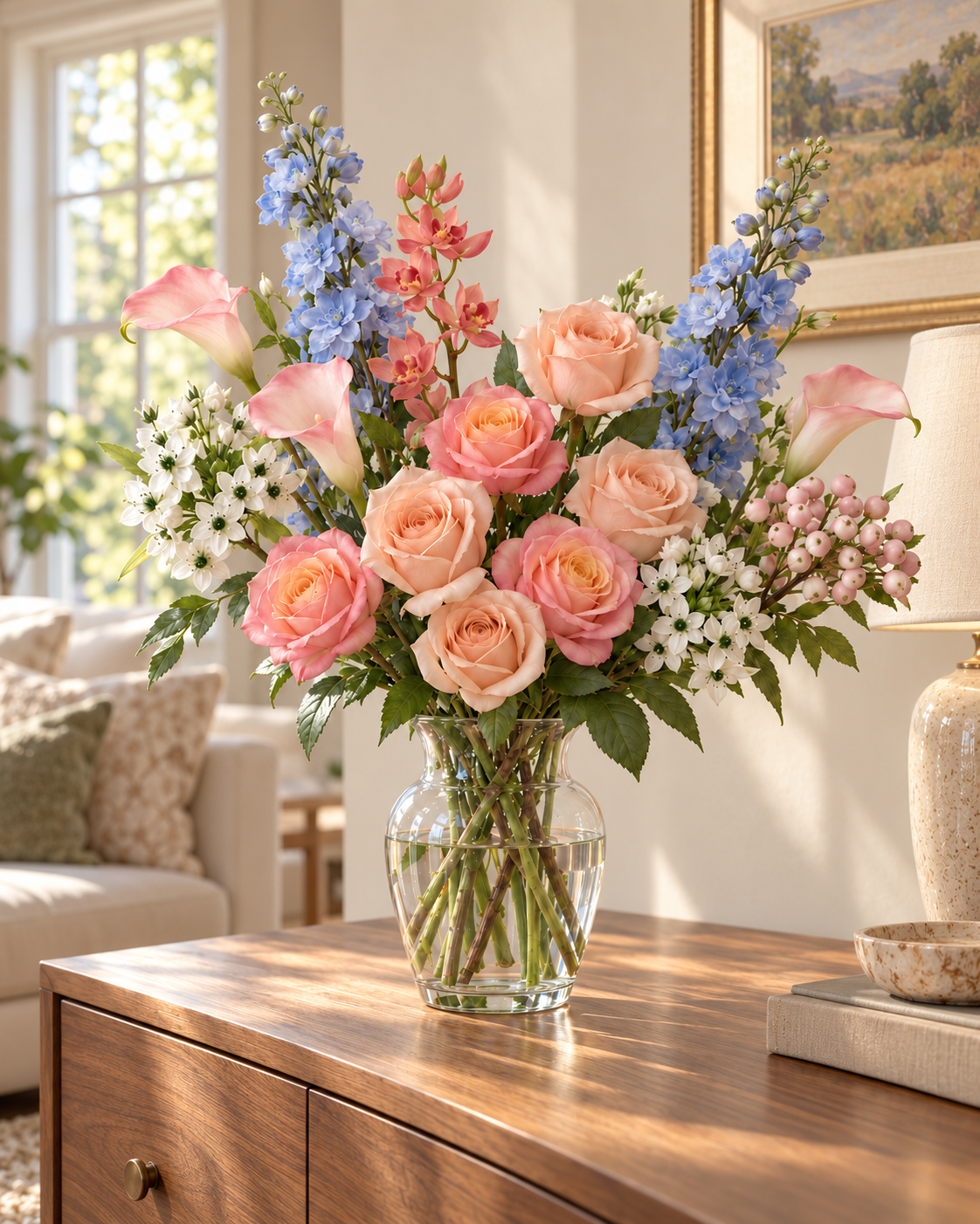 Blush, Peach & Blue Garden Faux Flower Bundle