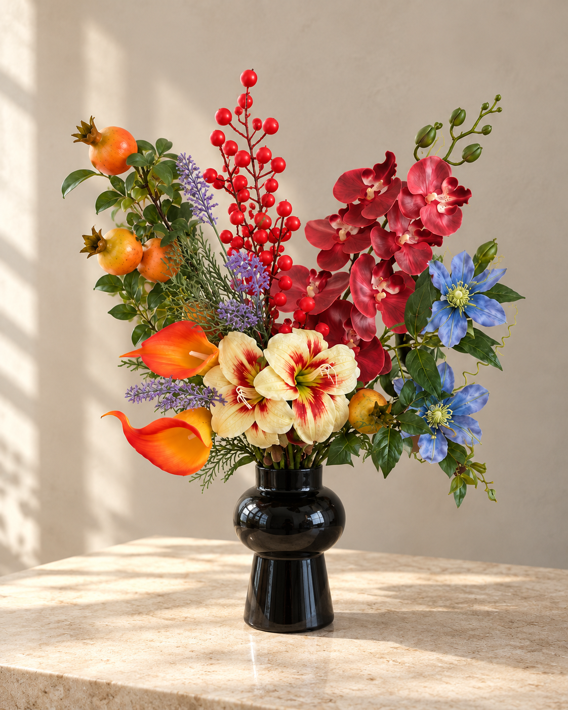 Jewel-Toned Orchid & Pomegranate Faux Floral Arrangement