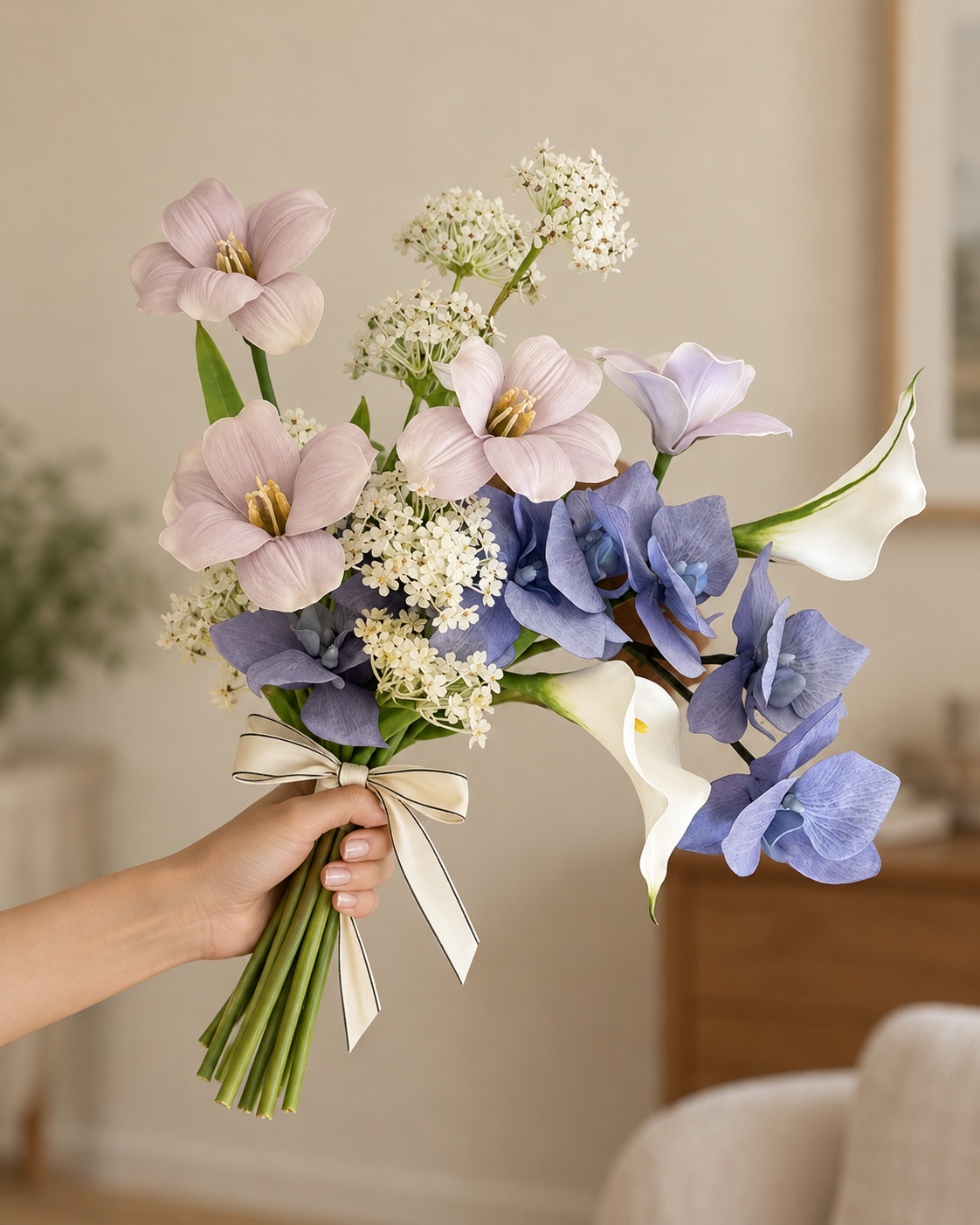 Dusty Blue Orchid & Calla Lily Faux Floral Bouquet